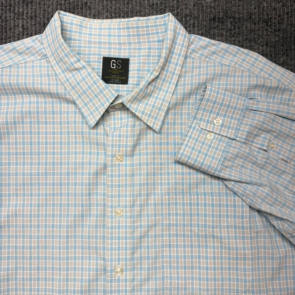 GS George Wrinkle Free Shirt Mens 22 39/40 Blue Plaid Cotton‎ Big Tall